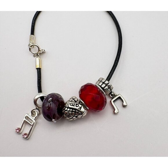 Music Note Charm Bracelet Silver Tone with Faux Leather Rope Family Purple Red - Picture 3 of 6